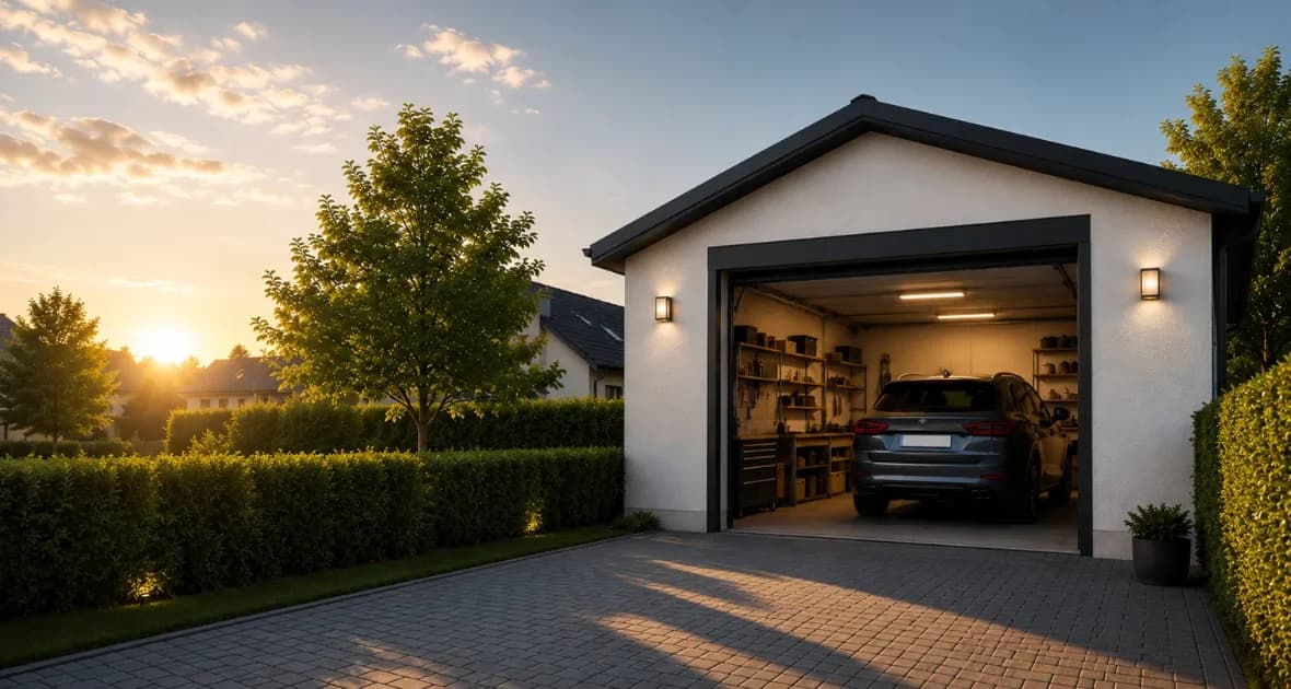 Garage mit geöffnetem Tor und Auto