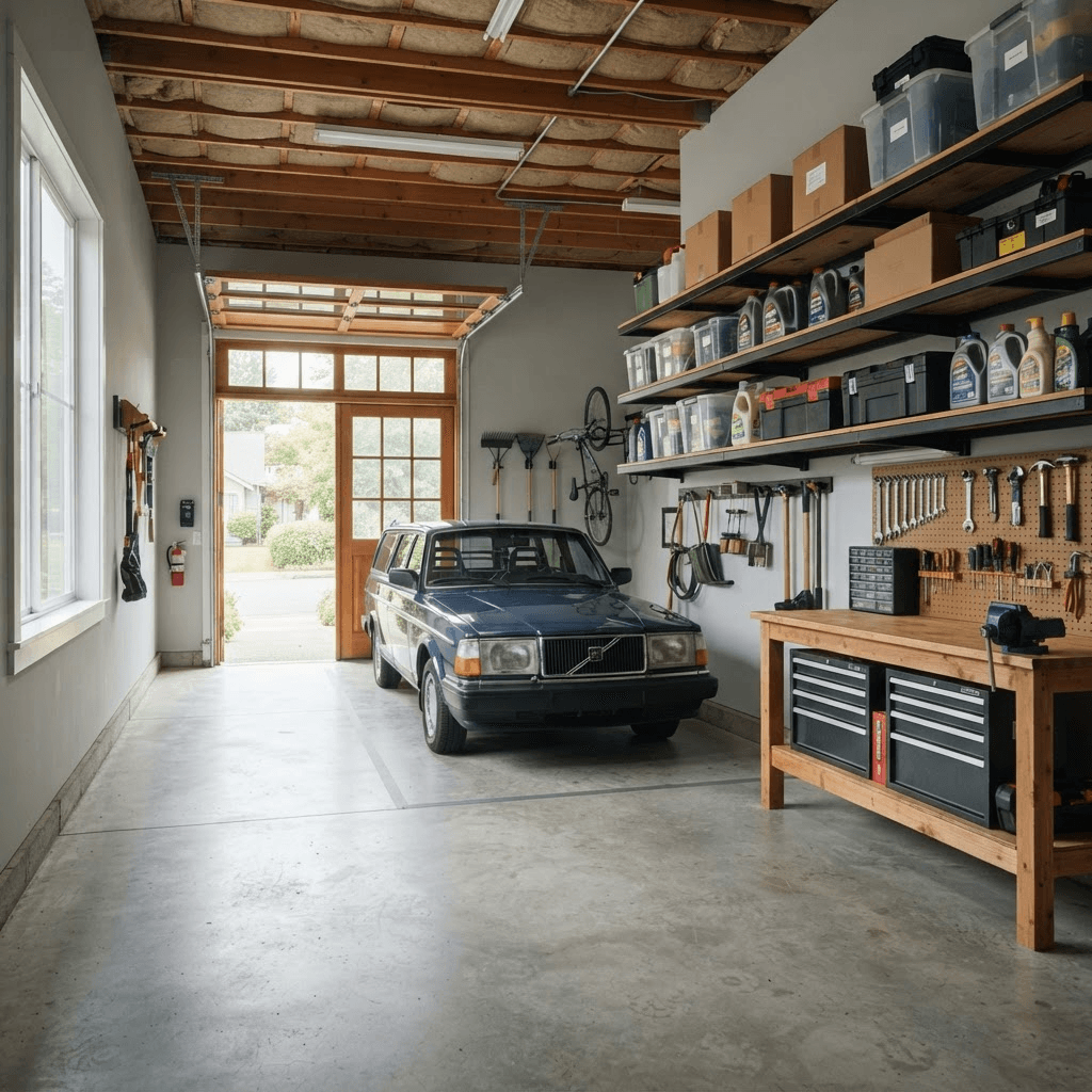 Organisierter Garageninnenraum mit Stauraum