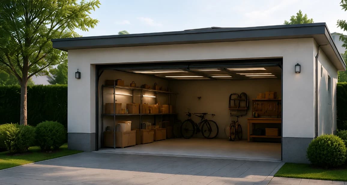 Garage von innen mit Stauraum